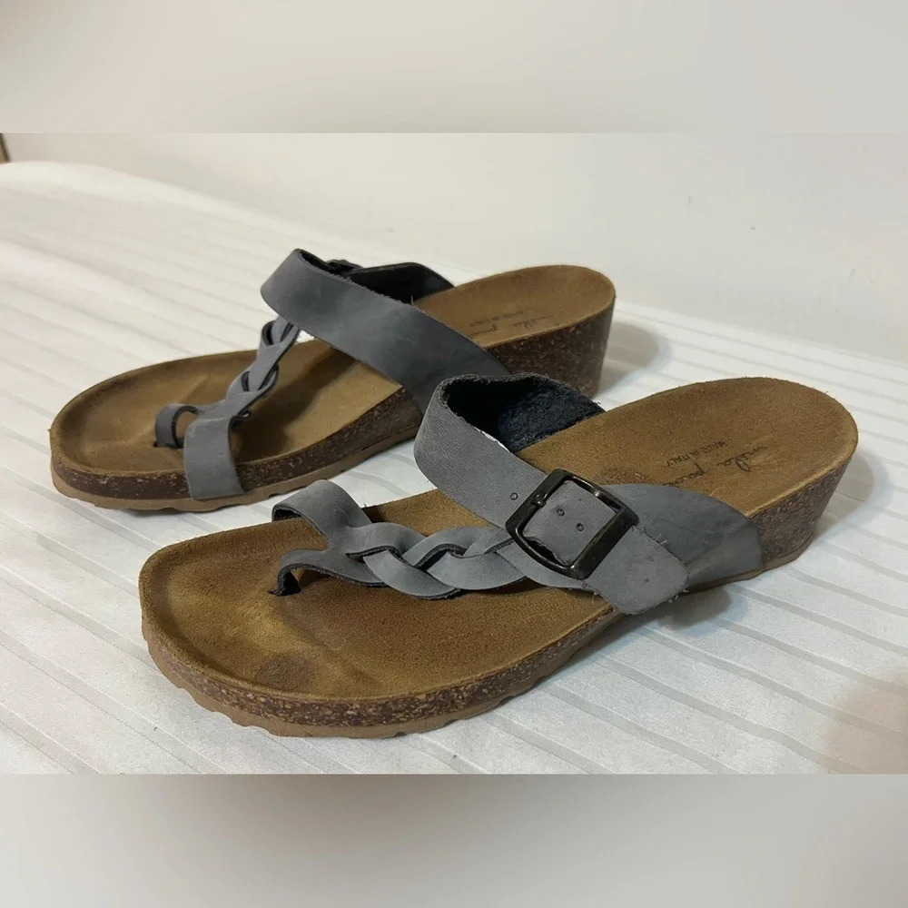 Mila Paoli Italy Genuine Leather Gray Braided Cork Wedge Sandals Size 8.5